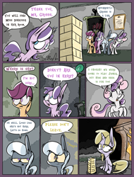 Size: 1235x1625 | Tagged: safe, artist:slitherpon, apple bloom, diamond tiara, dinky hooves, scootaloo, silver spoon, sweetie belle, alternate universe, comic, cutie mark crusaders, jenga, moody mark crusaders