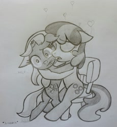 Size: 2143x2333 | Tagged: safe, artist:lockerobster, cheerilee, oc, oc:disastral, broken horn, monochrome, traditional art