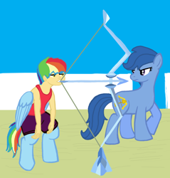 Size: 1346x1406 | Tagged: safe, artist:oneovertwo, archer (character), scootablue, oc, oc:icarus, satyr, archery, arrow, bow (weapon), bow and arrow, offspring, parent:rainbow dash, weapon