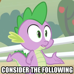 Size: 579x579 | Tagged: safe, screencap, spike, dragon, consider the following, image macro, meme, reaction image