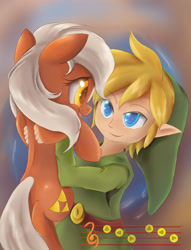 Size: 1950x2550 | Tagged: safe, artist:ardail, earth pony, pony, cute, epona, epona's song, eponadorable, eye contact, female, happy, holding a pony, link, mare, open mouth, ponified, smiling, the legend of zelda