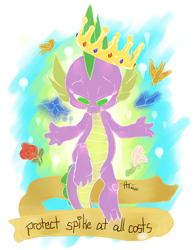 Size: 1350x1740 | Tagged: safe, artist:hellticket, spike, bird, butterfly, dragon, banner, crown, no pupils, rose, solo, spikelove