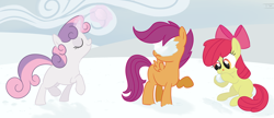 Size: 1994x865 | Tagged: safe, artist:tex, apple bloom, scootaloo, sweetie belle, cutie mark crusaders, snow, snowball, snowball fight