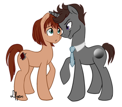 Size: 700x618 | Tagged: safe, artist:lifyen, earth pony, pony, unicorn, :o, anastasia steele, christian grey, couple, crossover, eye contact, fifty shades of grey, necktie, ponified, raised hoof, simple background, smiling, transparent background