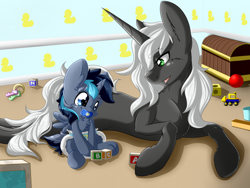 Size: 1024x768 | Tagged: safe, artist:pinktabico, oc, oc only, oc:dusk shadow, oc:grey ghost, alicorn, pony, unicorn, alicorn oc, baby, baby pony, commission, diaper, foal