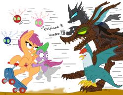 Size: 1017x786 | Tagged: safe, artist:darknisfan1995, artist:dubstepbrony4life, scootaloo, spike, changeling, dragon, parasprite, timber wolf, colored