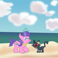 Size: 1300x1300 | Tagged: safe, artist:magerblutooth, diamond tiara, oc, oc:dazzle, cat, beach, hawaii, lei, lilo and stitch, style emulation