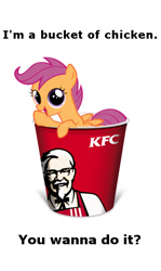 Size: 379x638 | Tagged: safe, scootaloo, chicken, pegasus, pony, bucket, cup of pony, expiration date, female, filly, image macro, innuendo, kfc, meme, scootachicken, solo, team fortress 2, text