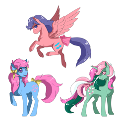 Size: 1629x1612 | Tagged: safe, artist:sugarcup, bow tie (g1), firefly, fizzy, earth pony, pegasus, twinkle eyed pony, unicorn, g1, bow, female, hair bow, mare, tail bow