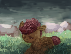 Size: 800x600 | Tagged: dead source, safe, artist:celestiawept, scootaloo, abandoned, grass, looking away, lying down, pond, prone, sad, scootalone, scootasad, solo, water