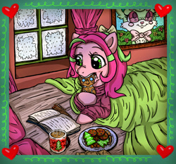 Size: 2910x2709 | Tagged: safe, artist:foxgirlkira, oc, oc only, oc:gadget, oc:precious metal, bed, clothes, cookie, drink, mug, winter