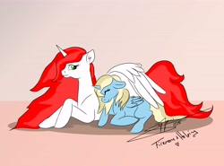 Size: 6900x5100 | Tagged: safe, artist:littlewolfstudios, oc, oc only, oc:firemane, oc:helpinghoof, alicorn, pony, absurd resolution, alicorn oc, blank flank, cuddling, hug, snuggling, winghug, wings