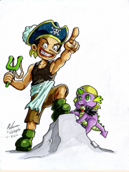 Size: 900x1200 | Tagged: safe, artist:irie-mangastudios, spike, dragon, baby dragon, baby spike, crossover, markers, one piece, pirate, traditional art, usopp, youth