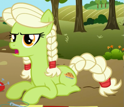 Size: 607x527 | Tagged: safe, screencap, granny smith, earth pony, pony, apple family reunion, braid, braided tail, cropped, female, mare, open mouth, prone, solo, young, young granny smith, younger