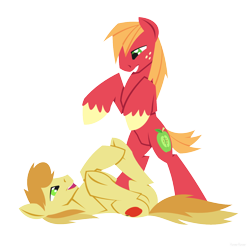 Size: 1280x1280 | Tagged: safe, artist:hoverrover, big macintosh, braeburn, earth pony, pony, colored hooves, cutie mark, hooves, legs in air, lineless, lying down, male, on back, open mouth, simple background, smiling, stallion, teeth, transparent background