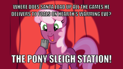 Size: 1024x576 | Tagged: safe, cheerilee, earth pony, pony, cheerilee pun, curtain, exploitable meme, female, green eyes, mare, meme, microphone, open mouth, pun, smiling, solo, spoonerism, spotlight, text, two toned mane, two toned tail