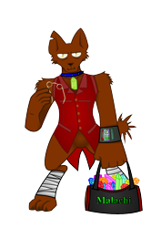 Size: 827x1169 | Tagged: safe, artist:sketchy brush, oc, oc only, oc:malachi, diamond dog, bag, brown fur, clothes, gem, glasses, glasses off, golden eyes, malachi, red vest, simple background, sketchy brush, transparent background, vector, vest