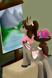 Size: 1354x2000 | Tagged: safe, artist:nsfwbonbon, artist:otpl, oc, oc only, oc:fufu, bat pony, pony, bob ross, mouth hold, painting characters, pregnant