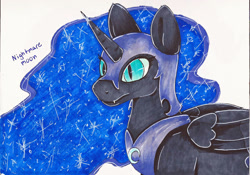 Size: 1024x718 | Tagged: safe, artist:azorukon, nightmare moon, simple background, solo, traditional art