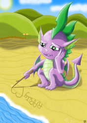 Size: 3508x4961 | Tagged: safe, artist:dinodraketakethecake, derpibooru import, spike, dragon, beach, solo