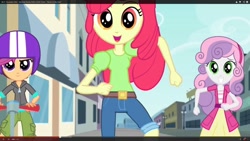 Size: 1024x576 | Tagged: safe, screencap, apple bloom, scootaloo, sweetie belle, equestria girls, music to my ears, rainbow rocks, clothes, cutie mark crusaders, female, helmet