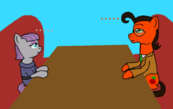 Size: 500x313 | Tagged: safe, artist:crazynutbob, maud pie, oc, oc:tomato sandwich, awkward silence, business suit, date, stare