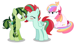 Size: 1166x685 | Tagged: safe, artist:masem, oc, oc only, oc:cheery pip, oc:greenpeace, oc:sparkle shine, pegasus, pony, unicorn, blushing, simple background, transparent background, vector