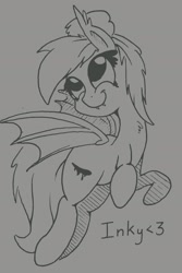 Size: 1576x2361 | Tagged: safe, artist:flowbish, oc, oc only, oc:inky, bat pony, pony, fangs, flying, hair bun, looking up, monochrome, smiling, spread wings, traditional art