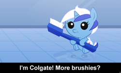 Size: 1600x973 | Tagged: safe, minuette, pony, unicorn, :t, baby, baby pony, brushie, caption, cs captions, cute, cutegate, filly, foal, smiling, toothbrush