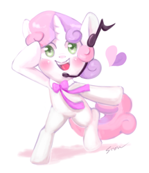 Size: 930x1080 | Tagged: safe, artist:sion, sweetie belle, pony, bipedal, happy, headset, microphone, open mouth, singing, smiling, solo