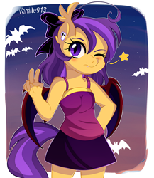 Size: 1280x1475 | Tagged: safe, artist:spookyle, oc, oc only, oc:spookie, anthro, bat pony, anthro oc, bow, solo