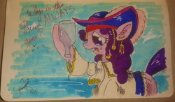 Size: 1760x1026 | Tagged: safe, artist:jorobro, berry punch, berryshine, jack sparrow, parody, pirate, pirates of the caribbean, rum, solo, traditional art