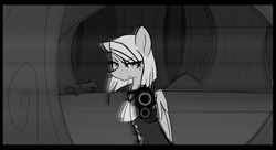 Size: 1100x600 | Tagged: safe, artist:libidon, pegasus, pony, ace attorney, clothes, crossover, forest, franziska von karma, grayscale, gun, monochrome, ponified, tree