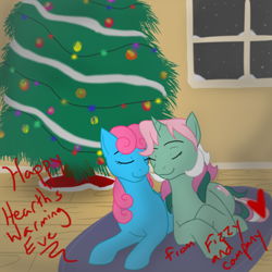 Size: 500x500 | Tagged: safe, artist:kourabiedes, fizzy, wind whistler, g1, ask, ask fizzy, christmas, christmas tree, eyes closed, female, heart, hearth's warming eve, lesbian, shipping, tree, tumblr, whistlepop