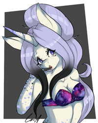 Size: 533x666 | Tagged: safe, artist:lunathyst, oc, oc only, oc:galaxies, anthro, unicorn, anthro oc, bra, clothes, commission, female, solo, underwear