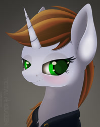 Size: 1250x1578 | Tagged: safe, artist:allyster-black, oc, oc only, oc:littlepip, pony, unicorn, fallout equestria, blushing, bust, clothes, colored pupils, fanfic, fanfic art, female, gray background, horn, looking at you, mare, portrait, simple background, solo, vault suit