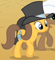 Size: 238x258 | Tagged: safe, screencap, toffee, earth pony, pony, over a barrel, black stone, cropped, female, hat, mare, raised hoof, smiling, solo focus, top hat, walking