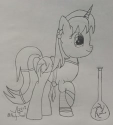 Size: 2128x2350 | Tagged: safe, artist:parclytaxel, oc, oc only, oc:parcly taxel, alicorn, genie pony, pony, albumin flask, alicorn oc, bottle, bracelet, djinn, earring, genie, horn ring, lineart, monochrome, necklace, raised hoof, shantae, size chart, smiling, solo, tail wrap, traditional art