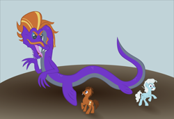 Size: 1148x783 | Tagged: safe, artist:haretrinity, doctor whooves, screw loose, steven magnet, earth pony, pony, sea serpent, doctor who, fins, mouth hold, sonic screwdriver