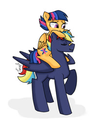 Size: 751x895 | Tagged: safe, artist:tinacrazy29, oc, oc only, oc:prism bolt, oc:starburst, pegasus, pony, bandaid, female, kilalaverse, male, mare, oc x oc, offspring, offspring shipping, parent:flash sentry, parent:rainbow dash, parent:soarin', parent:twilight sparkle, parents:flashlight, parents:soarindash, piggyback ride, ponies riding ponies, shipping, stallion, story included, straight