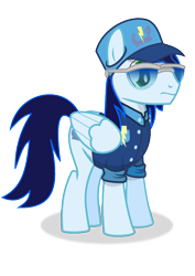 Size: 744x1052 | Tagged: safe, artist:longct18, soarin', alternate hairstyle, baseball cap, clothes, hat, solo, sunglasses, uniform, wonderbolts