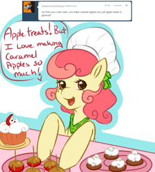 Size: 900x1000 | Tagged: safe, artist:tiki-sama, apple bumpkin, apple family member, ask, cake, caramel apple (food), chef's hat, dialogue, hat, solo, tumblr