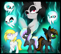 Size: 1280x1133 | Tagged: safe, artist:paulpeopless, artist:teranen, oc, oc only, oc:cadent light, oc:catrina mewale, oc:ice trio, oc:paulpeoples, ghost, collaboration, colored pupils, cool