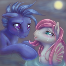 Size: 1024x1024 | Tagged: safe, artist:kiss-the-thunder, artist:turtiedroppings, baby lucky, ripple (g1), sea pony, g1, crying, lucky, moon, puppy love, sad, shipping