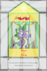 Size: 1024x1520 | Tagged: safe, artist:dinodraketakethecake, spike, dragon, element of courage, fantasy class, knight, lance, solo, warrior, window