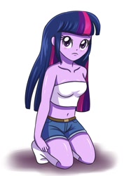 Size: 1024x1368 | Tagged: dead source, safe, artist:sumin6301, twilight sparkle, twilight sparkle (alicorn), alicorn, equestria girls, belly button, breasts, clothes, cute, female, kneeling, midriff, missing shoes, shorts, simple background, socks, solo, tube top