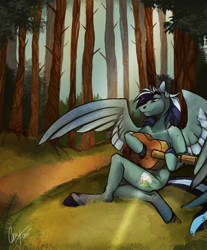 Size: 2480x3000 | Tagged: safe, artist:casynuf, oc, oc only, anthro, dark, forest, guitar, hoof hold, sitting, smiling, solo, spread wings