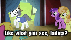 Size: 576x324 | Tagged: safe, edit, edited screencap, screencap, amethyst star, cherry berry, junebug, silver shill, sparkler, sunshower raindrops, pony, leap of faith, caption, female, mare, out of context, plot