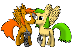 Size: 1192x790 | Tagged: safe, oc, oc only, oc:gold star, cyborg, pegasus, pony, kiss on the cheek, kissing, missing cutie mark