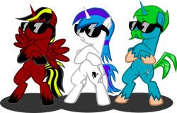 Size: 976x623 | Tagged: safe, artist:the-deviant-kaba, oc, oc only, oc:blackswan, oc:cyan samurai, oc:lobo negro, alicorn, pony, unicorn, alicorn oc, male, stallion, sunglasses, swag, vangun